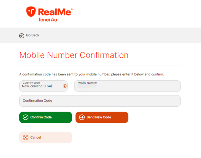 Screenshot of Mobile Number Confirmation RealMe page.