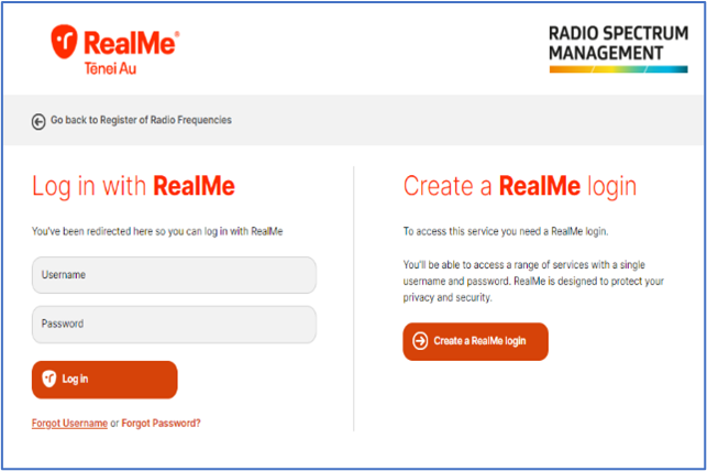 Screen of Log in with RealMe and Create a RealMe login buttons.